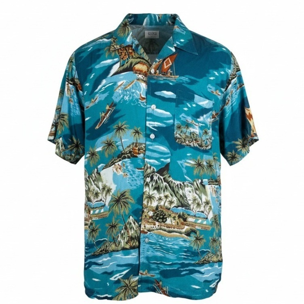 Studio‎ 35 Hawaiian Shirt Men Medium Teal Blue Tropical Island Rayon Button Down